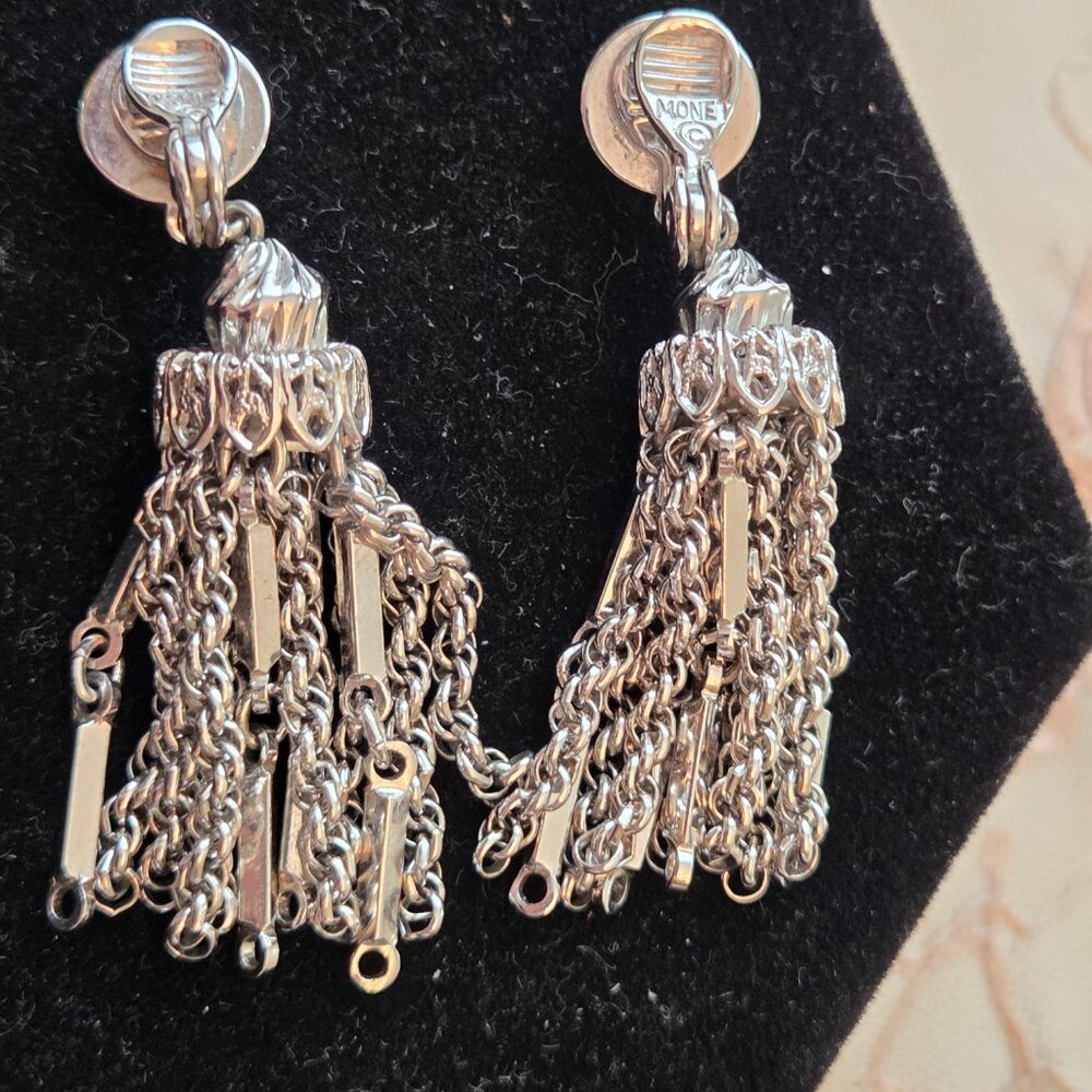 Vintage Monet Silver Tassel Earrings - Picture 3 of 7
